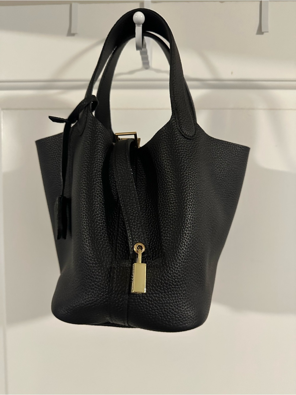 Textured Black Leather Shoulder Bag with Gold Accent